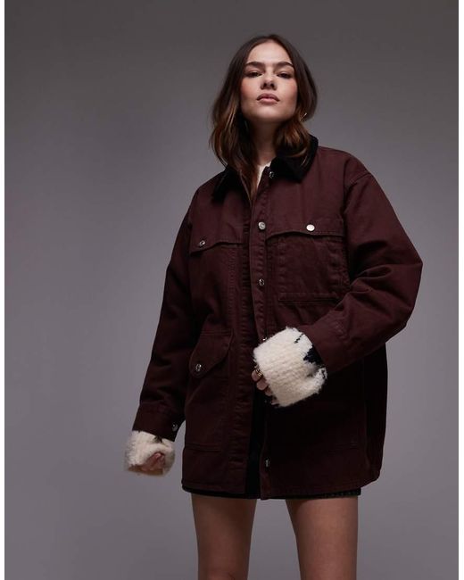 TOPSHOP Brown Denim Trucker Jacket With Contrast Cord Collar