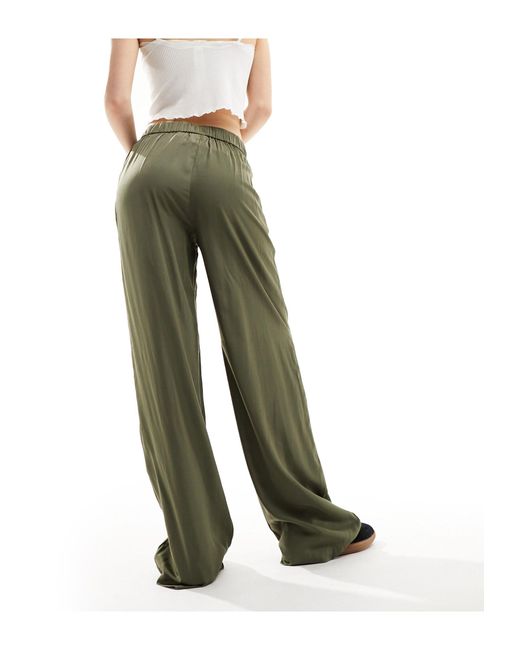 Noisy May Green Wide Leg Satin Trousers With Asymmetric Waistband