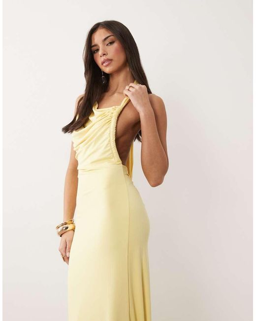Aria Cove Natural Double Layered Slinky Asymmetric Halterneck Low Twist Back Dress Maxi Dress