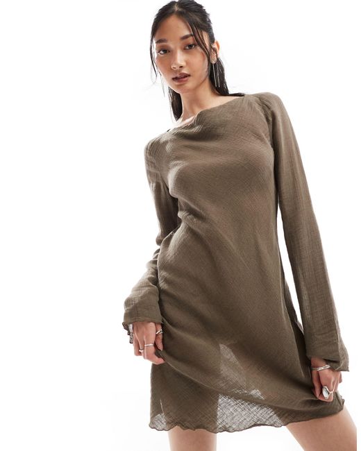 Weekday Brown Ginko Linen Blend Long Sleeve Mini Dress
