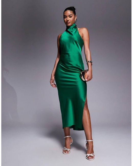 Jarlo Green Halter Neck Satin Midi Dress