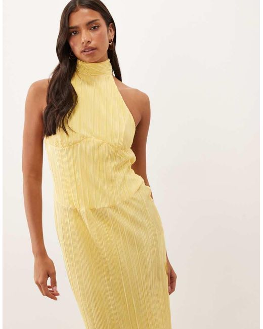 ASOS Natural Plisse Halter Neck Maxi Dress With Corsage Trims