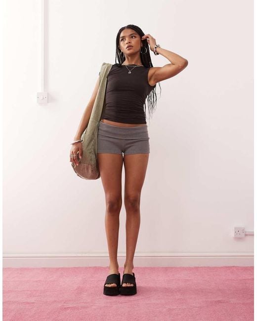 Weekday Brown Jersey Ribbed Hot Pants With Fold Over Waistband