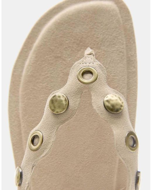 Pull&Bear Natural Flat Studded Leather Sandals