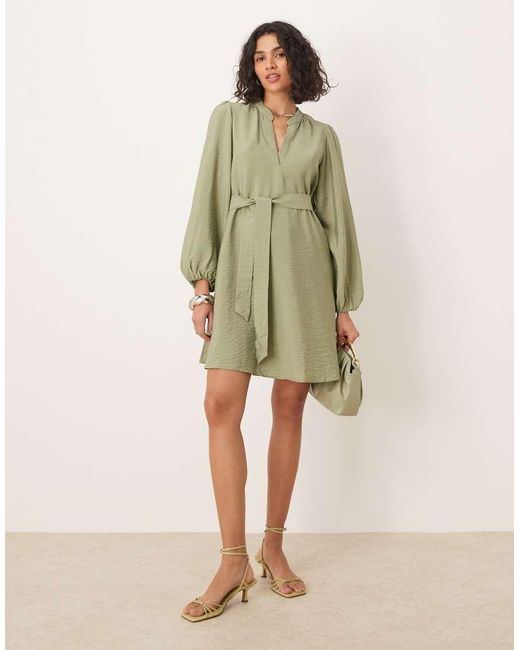 Vila Green V Neck Tie Waist Mini Dress