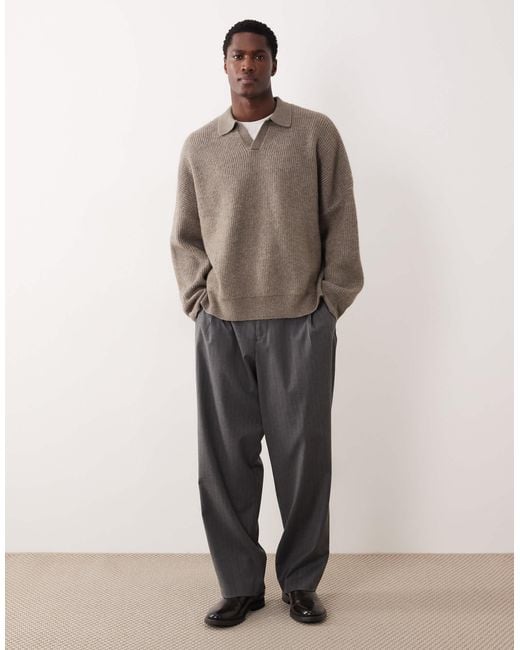 ASOS Brown Super Oversized Boxy Fit Knitted Fisherman Rib Notch Neck Jumper for men