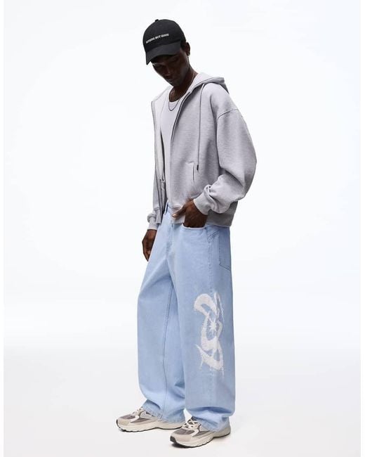 Bershka Blue Printed Super baggy Jeans for men