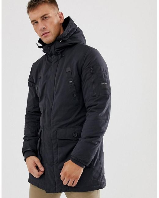 Replay Denim Large Pocket Parka Jacket in Black for Men - Lyst