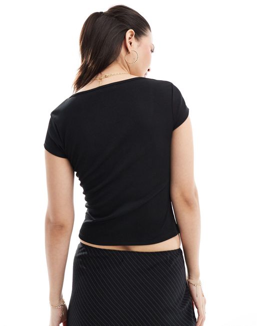 Miss Selfridge Black Cap Sleeve Top With Lace Up Front Bow Detail