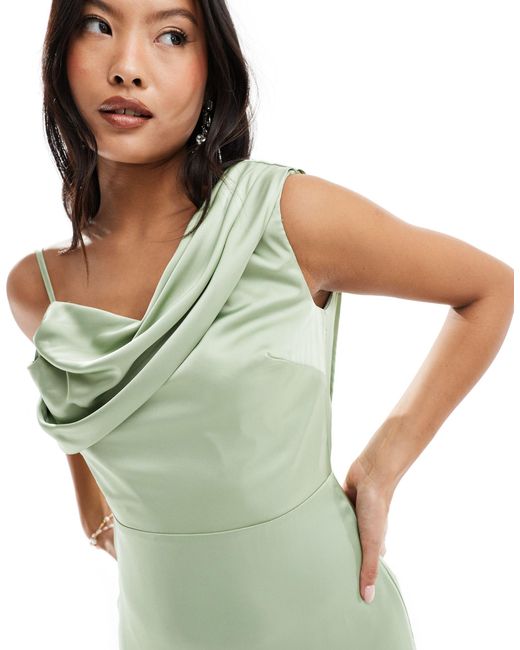 TFNC London Green Bridesmaid Satin One Shoulder Drape Maxi Dress