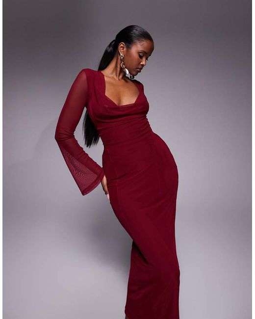 ASOS Red Mesh Angel Sleeve Lace Up Back Long Sleeve Maxi Dress