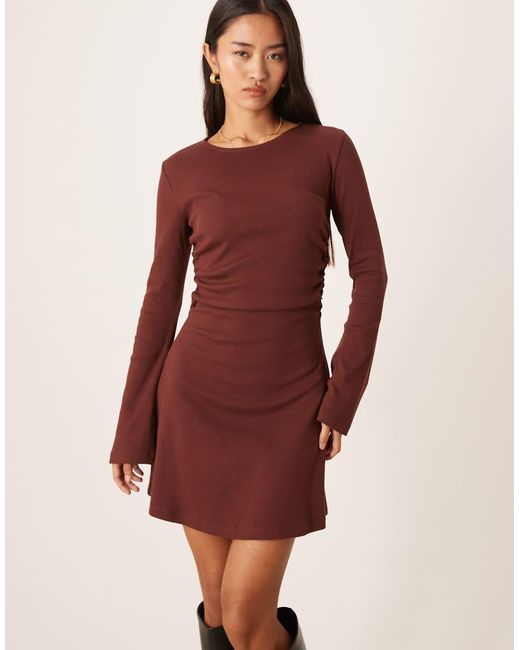 ASOS Natural Ribbed Slash Neck Ruched Side Swing Mini Dress