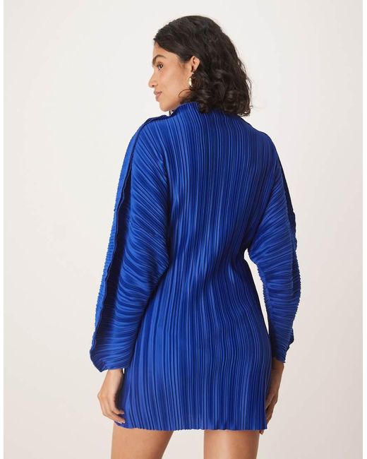 ASOS Plissé Mini Jurk Met Lange Coconmouwen En Taillenaad in het Blue
