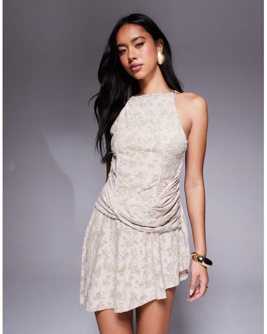 ASOS Gray – kurzes neckholder-kleid aus steinbeigem ausbrennersamt mit drapierung