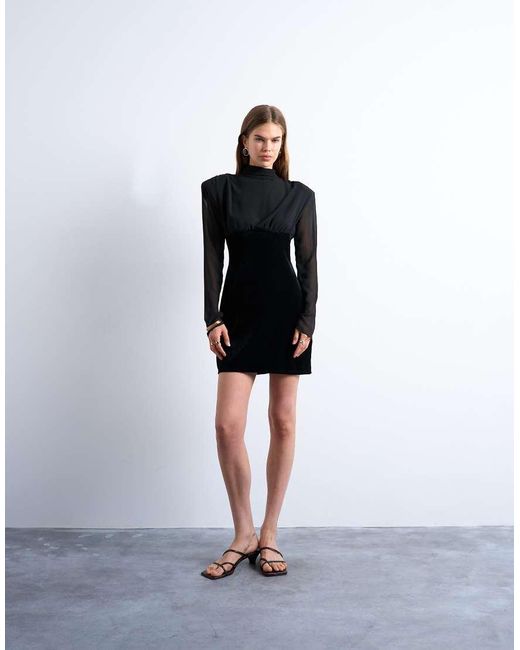 TOPSHOP Black Long Sleeve Velvet And Chiffon Mix Mini Dress With Shoulder Pads
