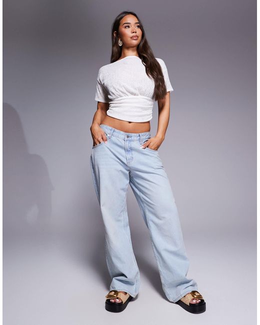 ASOS Gray Texture Sheer Asymmetric One Shoulder Short Sleeve Top With Cinch Waist Detail
