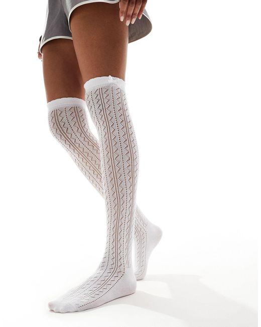 Collusion White High Knee Pointelle Socks With Bow