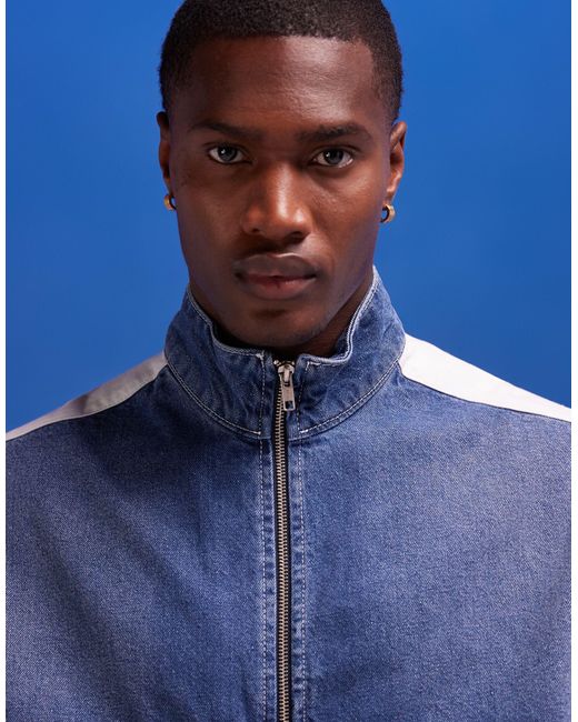 ASOS Blue Zip Up Denim Jacket With White Panels for men