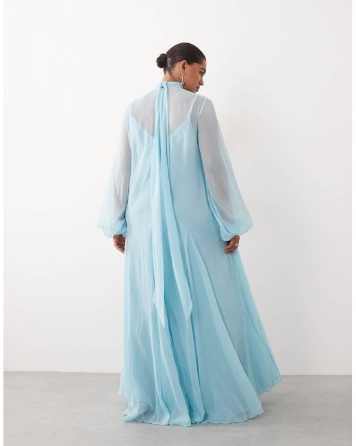 ARRANGE Blue Curve Applique Floral Tie Neck Blouson Sleeve Trapeze Maxi Dress