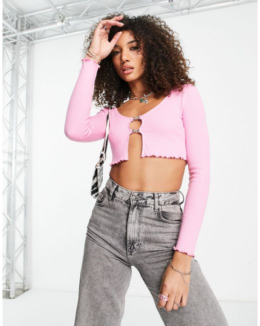 Bershka Open Front Long Sleeve Top in Pink | Lyst UK