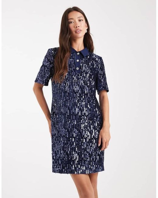 French Connection Blue Velvet Sequin Mini Polo Dress