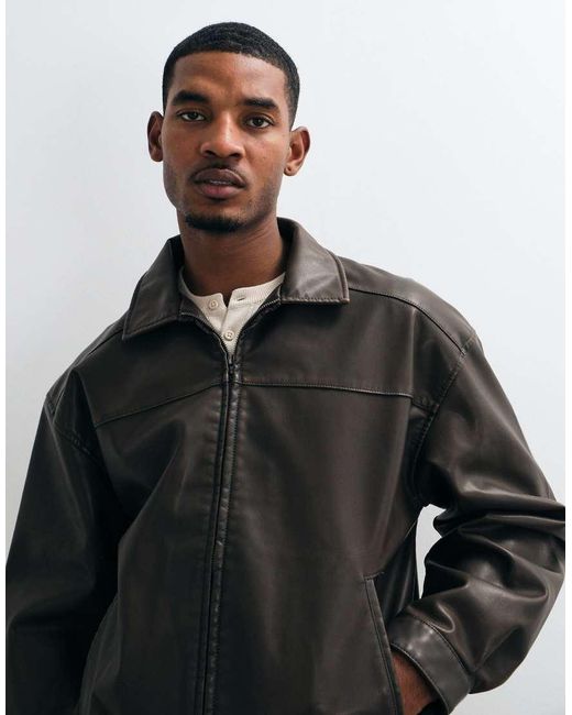 Hollister Black Oversized Faux Leather Bomber Jacket for men