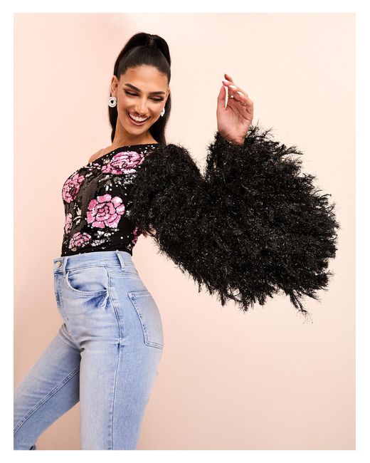 ASOS Black One Shoulder Asymmetric Embellished Bodysuit With Faux Feather Sleeve