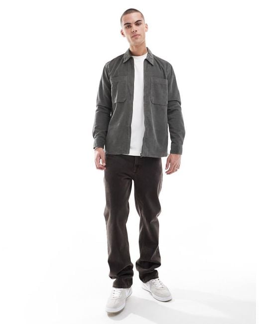 Only & Sons Gray Zip Through Cord Overshirt for men