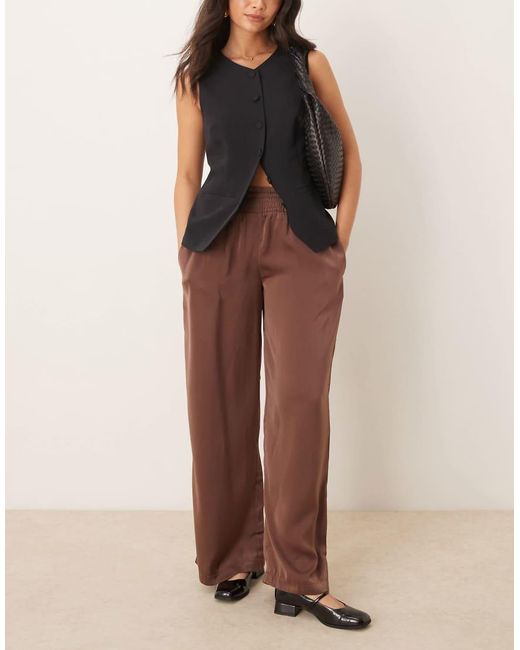 ASOS Brown Shirred Waist Satin Pull On Trousers