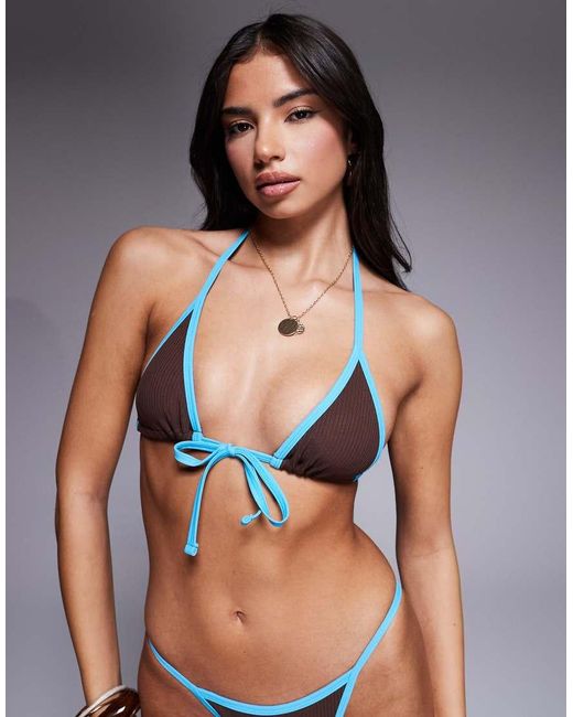 ASOS Brown Ronnie Rib Contrast Binding Santorini Tie Front Triangle Bikini Top