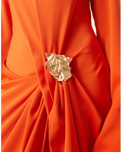 ARRANGE Orange Long Sleeve Drape Maxi Dress With Molten Metal Trim