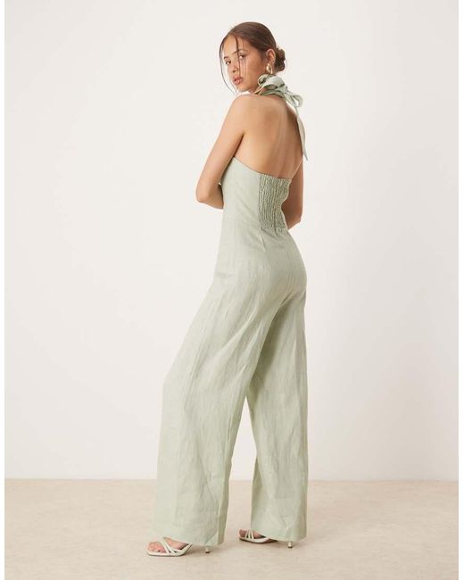 Mango Natural Square Neck Halter Pleat Front Jumpsuit