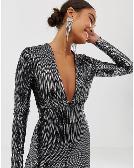 Miss Selfridge Sequin Catsuit in Metallic Lyst