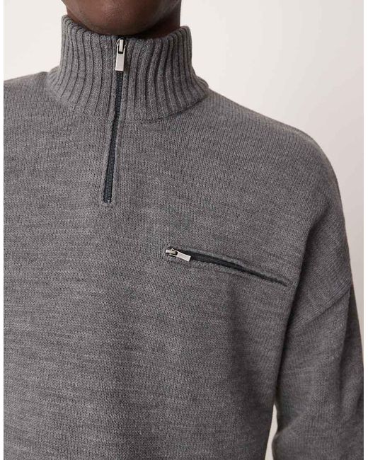 ASOS Gray Oversized Knitted Quarter Zip Jumper With Zip Pocket for men