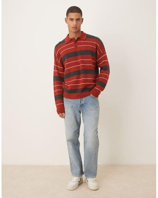 ASOS Red Oversized Knit Striped Rugby Polo Shirt for men
