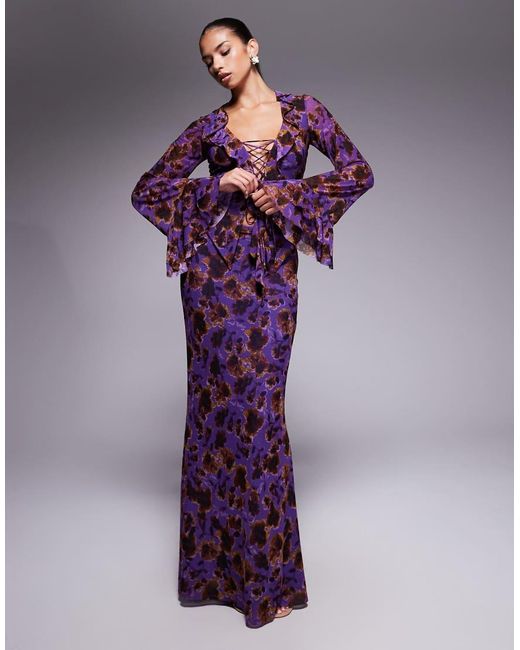 AFRM Purple Knitted Lace Up Bell Sleeve Top Co-ord