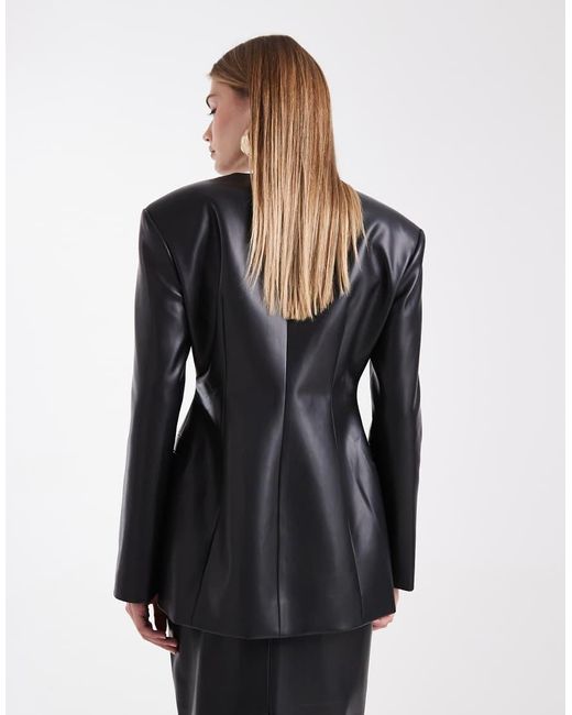 ASOS Black Faux Leather Cinch Collarless Blazer