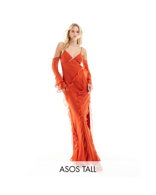ASOS Red Asos Design Tall Cupped Ruffle Bias Maxi Dress With Hardware Detail