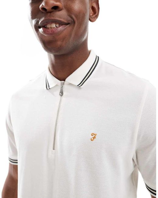 Farah White Netton Short Sleeve Zip Neck Tipped Polo Shirt for men