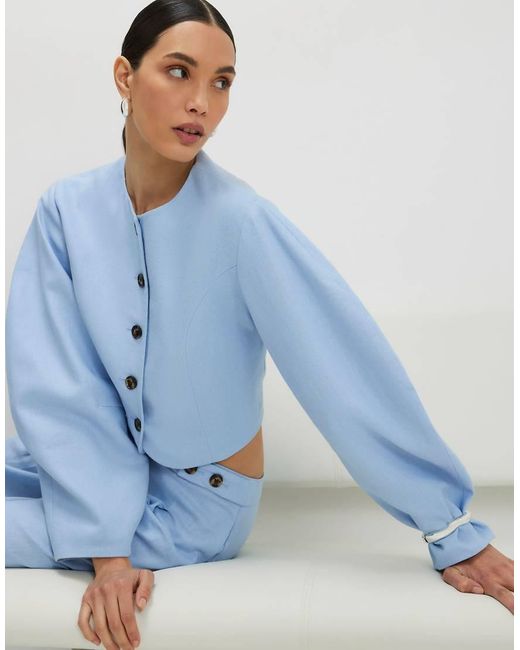 River Island Blue Linen Blend Balloon Sleeve Jacket
