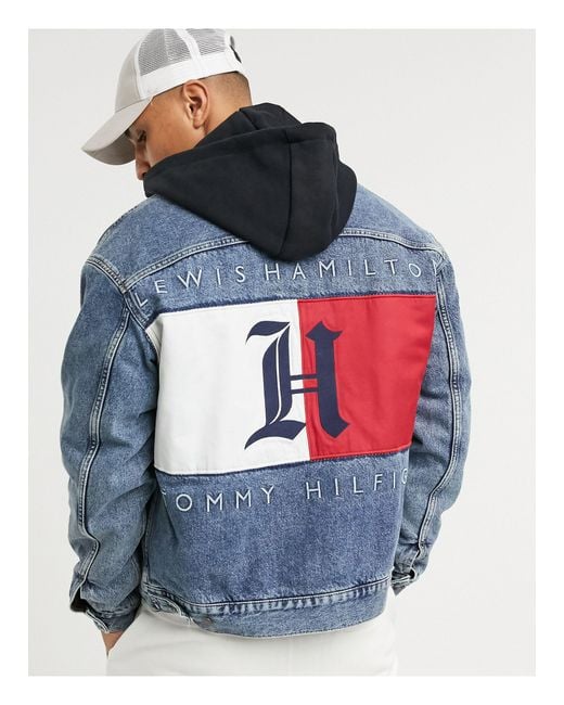 Tommy Hilfiger Blue X Lewis Hamilton Back Logo Oversized Hooded Denim Jacket for men