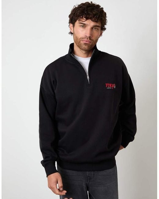 Threadbare Blue Graphic Print Quarter Zip Sweatshirt for men