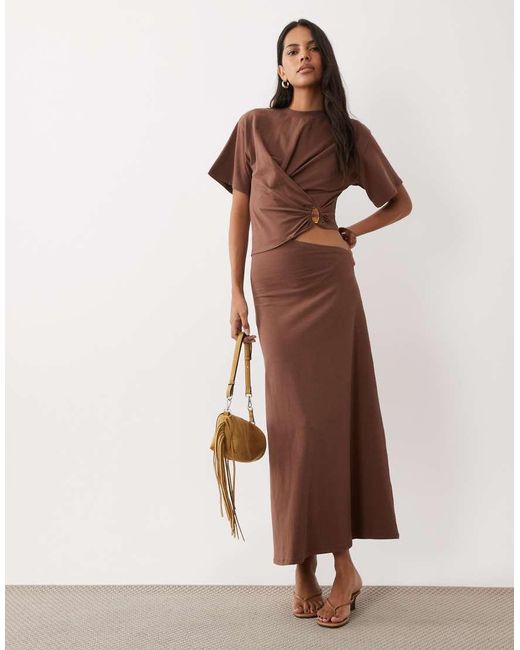 ASOS Brown Short Sleeve With Knot Detail And Cut Out Midi Dress