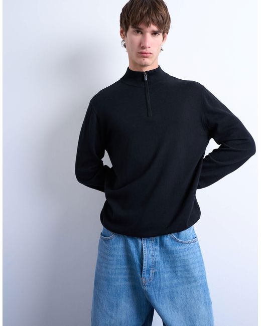 Topman Black Essential Knitted 1/4 Zip Funnel for men