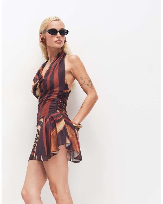 Murci White Halterneck Tie Detail Cowl Ruched Mini Dress