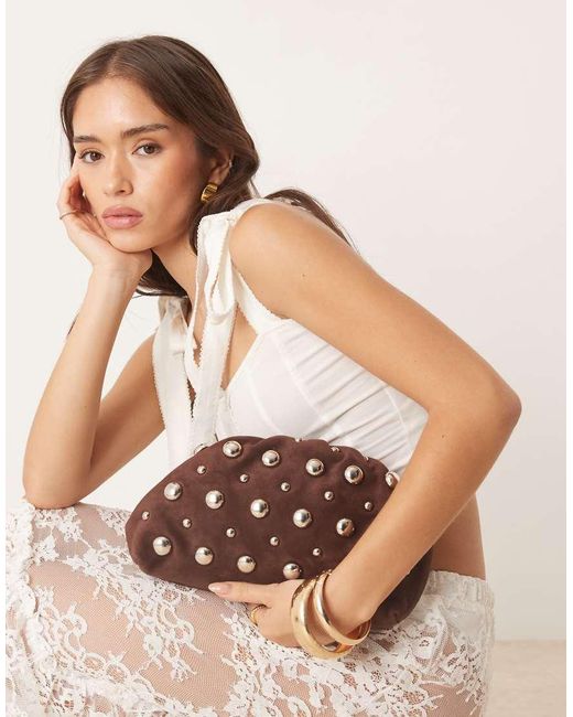 ASOS Brown Faux Suede Studded Grab Clutch Bag