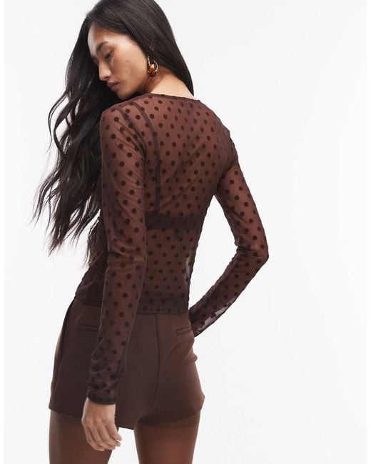 ASOS Brown Flocked Mesh Long Sleeve Top