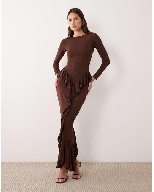 Ruched & Ready Brown Sculpting Long Sleeve Ruffle Drape Detail Maxi Dress