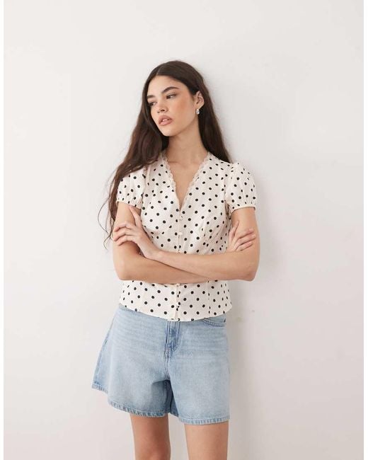Miss Selfridge Brown V-neck Lace Detail Fitted Shirt