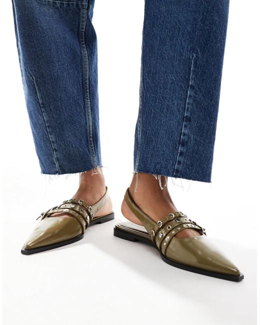 Stradivarius Pointed Flat Shoe With Buckles in Blue Lyst